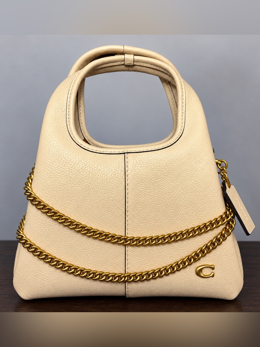 Coach Cream Pebbled Leather Shoulder Bag with Gold Chain